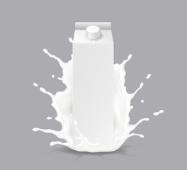 Poster - Blank carton pack with splashing milk realistic vector illustration. Mockup packaging for dairy products 3d objects on white background