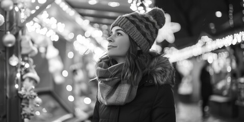 Sticker - Woman standing in front of festive Christmas lights, perfect for holiday season concepts