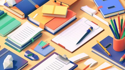 Poster - Various office supplies neatly arranged on a table. Suitable for business and education concepts