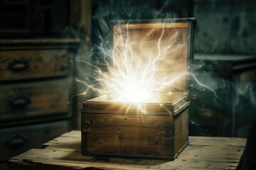 Poster - A wooden box with a bright light shining out of it. Suitable for various concepts and designs