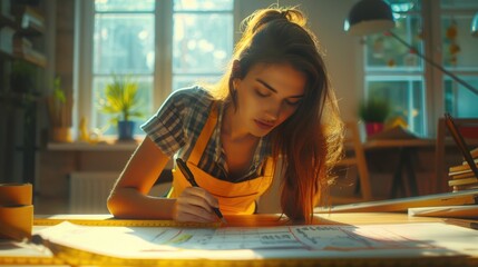 Poster - Woman writing on a piece of paper, suitable for educational and office concepts
