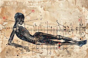 Poster - Illustration of a skeleton next to a human body. Suitable for medical or educational purposes