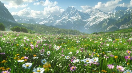 Poster - Beautiful field of flowers with majestic mountains in the background. Perfect for nature and landscape concepts
