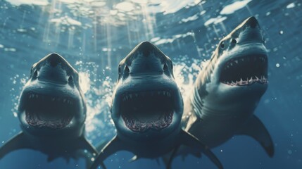 A great white shark swims towards you from the depths, and one bites you. 3D rendering.