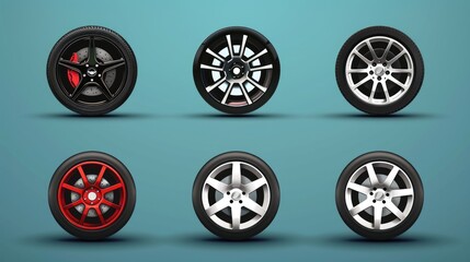 Poster - A set of four different types of wheels. Ideal for automotive and transportation concepts