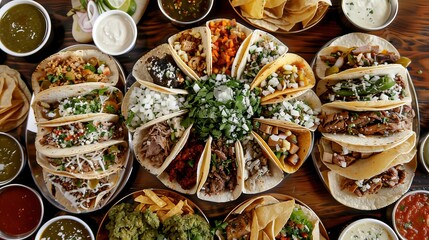 Canvas Print - Various sauces and side dishes accompanying a table full of Mexican tacos