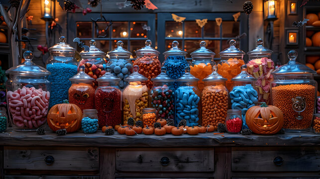 A Halloween-themed candy bar at a party, with jars of sweets and spooky decorations