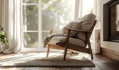 Wall Mural - A cozy wooden armchair adorned with a cushion on the carpet and wooden floor, set near a large white window. living room interior