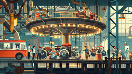 Wall Mural - A painting of a factory with many cars and workers. The mood of the painting is busy and industrial