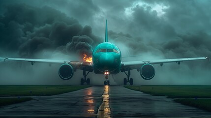 Wall Mural - A turquoise airliner on fire, making an emergency landing on a lush green plain under stormy skies