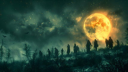 Wall Mural - A Halloween night scene with zombies emerging from the ground, illuminated by moonlight and surrounded by eerie decorations