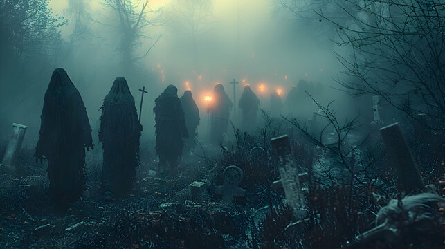A Halloween night scene with mummies walking through a foggy graveyard, illuminated by eerie lighting