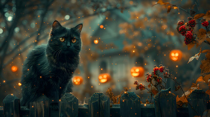 Wall Mural - A Halloween night scene with a black cat sitting on a fence, illuminated by moonlight and surrounded by eerie decorations