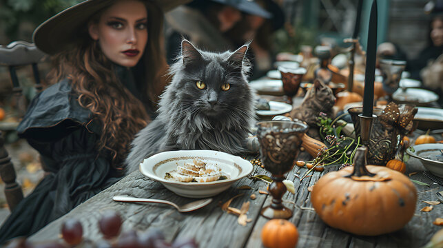 A Halloween party with black cat-themed decorations and guests dressed as witches
