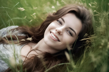 Wall Mural - A woman is laying in the grass with her mouth open, smiling. Concept of relaxation and happiness