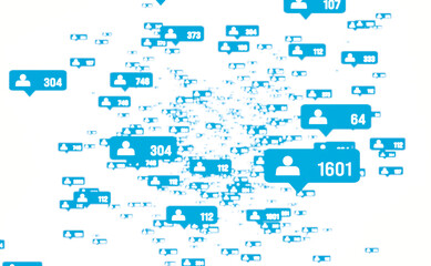 Blue social media symbols of followers flying backward. Falling numbers of likes, comments and shares. Followers dislike the post, negative emotions.