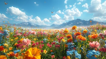 Wall Mural - A meadow filled with colorful flowers under a bright blue sky, with bees buzzing and butterflies fluttering among the blossoms, creating a vibrant and picturesque scene. List of Art Media Photograph