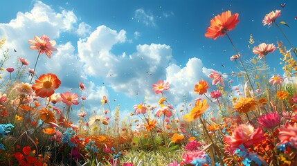 Wall Mural - a meadow filled with colorful flowers under a bright blue sky, with bees buzzing and butterflies flu