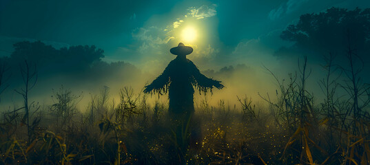 Wall Mural - A Halloween scarecrow in a front yard, surrounded by fog and illuminated by moonlight