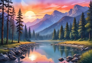 Fototapeta piękny krajobraz zachodzącego słońca nad rzeką z widokiem na góry i zachodzące słońce. ilustracja jako obraz na ścianę lub okładka książki oraz do innych  projektów. cudowny efekt farb wodnych