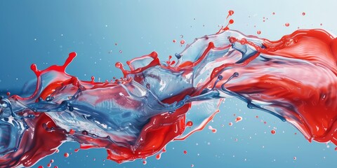 Wall Mural - mix of red white blue color paints with blended drops on fluid while forming abstract patterns against blue background