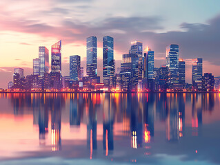 Wall Mural - Stunning modern city skyline reflecting in calm water at dusk, vibrant lights and skyscrapers creating a mesmerizing urban landscape.