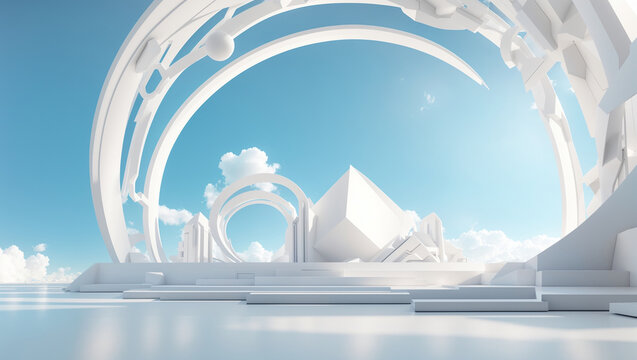 
The image is of a futuristic city with white buildings and a blue sky.