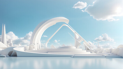 Wall Mural - 
The image is of a futuristic city with white buildings and a blue sky.