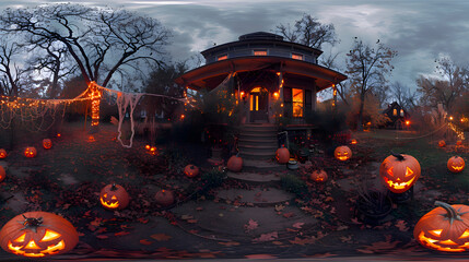 Wall Mural - A Halloween yard filled with cobweb decorations and eerie lighting