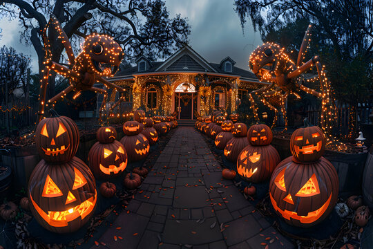 A Halloween yard filled with giant creepy crawly decorations and eerie lighting