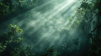 Wall Mural - A dense, foggy forest with sunlight filtering through the mist.