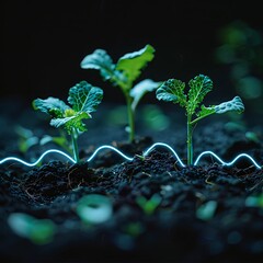 Young plants growing in soil with neon light lines representing technology, innovation in agriculture and modern farming methods.