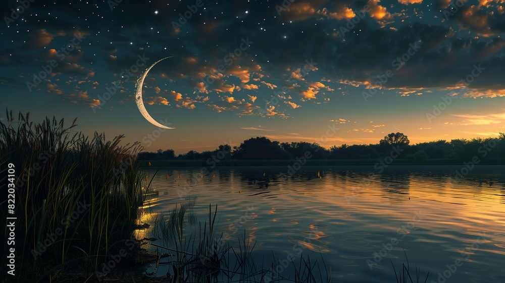 Serene Eid ul Adha night with a crescent moon over a peaceful lake ...