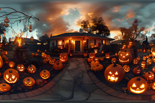A Halloween yard filled with decorations of frightening faces and eerie lighting