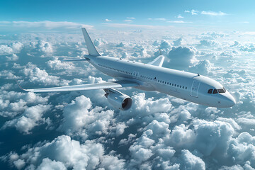 Wall Mural - A passenger civil airplane jet flies at flight level high in the sky above the clouds and blue sky, showcasing the marvel of modern aviation and travel