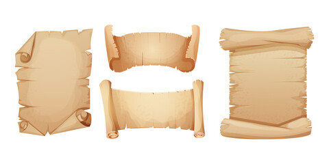 Wall Mural - old parchment paper scrolls, page, aged sheet surface, map, book blank isolated in white backgrund. 