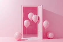 Pink Room With Balloons And Open Door Leading To Another Pink Room Filled With Pink Balloons Vibrant Symmetry And Elegance