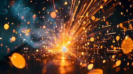 Close-up of bright, glowing sparks from welding, dispersed in dark space.