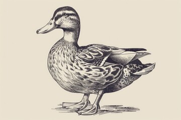 Poster - Detailed black and white drawing of a duck. Suitable for educational materials or nature-themed designs