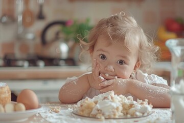 Poster - A young girl sitting at a table. Suitable for educational and family-related projects
