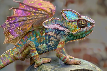 Poster - A vibrant chameleon perched on a rock. Suitable for nature and wildlife themes