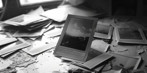 Poster - A stack of old photos on a wooden table, perfect for vintage design projects