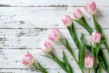 Canvas Print - Beautiful bouquet of pink and white tulips on a white table. Perfect for springtime themes