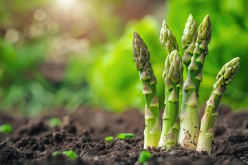 Poster - A bunch of asparagus growing out of the ground, perfect for farm and agriculture concepts