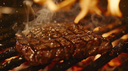 Poster - A steak is cooking on a grill, with flames licking the meat, creating caramelization and grill marks