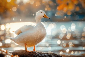 Poster - A white duck standing on a rock near the water. Suitable for nature and wildlife themes
