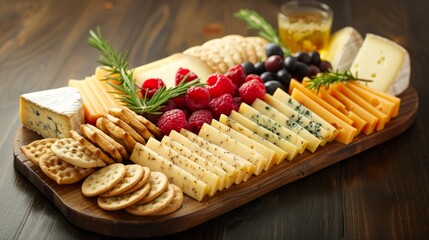 Wall Mural - A selection of gourmet cheeses, crackers, and fresh berries elegantly arranged on a platter