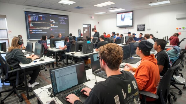 Group of people sitting in front of computers in a coding boot camp classroom, learning programming skills with instructors providing guidance