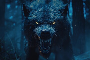 Poster - A fierce wolf snarling in the woods, suitable for wildlife themes