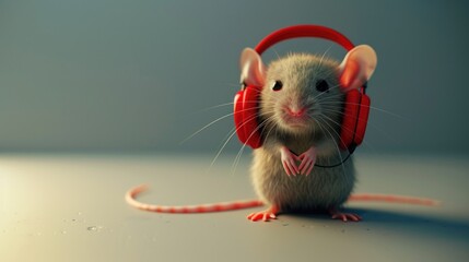 Aufkleber - A mouse with headphones sitting on a table. Suitable for technology and music concepts